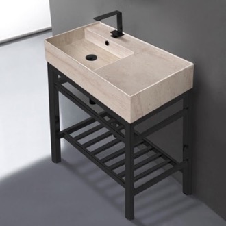 Console Bathroom Sink Modern Beige Travertine Design Ceramic Console Sink and Matte Black Base, 32